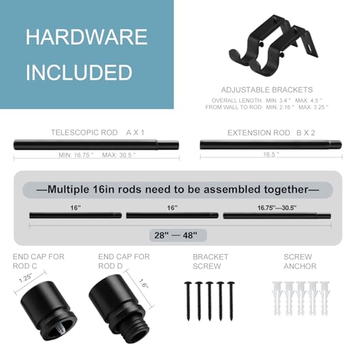 Byondeth Curtain Rods for Windows 16 to 48 or 60 Inches Max 2 Pack Adjustable Length 1 Inch Diameter Window Curtain Rod with Aluminium Finials, Black