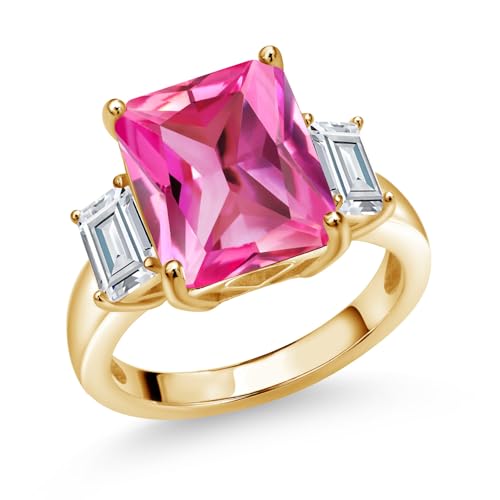 Gem Stone King 18K Yellow Gold Plated Silver Pink Created Sapphire and White Zirconia Engagement Ring For Women | 7.92 Cttw | Emerald Cut 12X10MM | Gemstone September Birthstone | Size 7