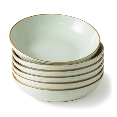 Richmount Jupiter Stoneware Pasta Bowls Set of 6, Salad/Cereal/Soup Bowl 22cm 887ml, Classic Bowl for All Pasta Dishes, Microwave and Dishwasher Safe, Serving Bowls Set of 6, Light Green