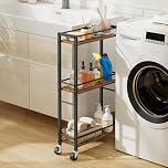 MAHANCRIS 3-Tier Slim Rolling Cart, Mobile Utility Cart on Wheels, Narrow Shelving Unit for Small Space, Wooden Kitchen Storage Rack, for Bathroom, Laundry, Living Room, Rustic Brown, Black ARCHR1501Z