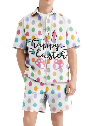 Men's Easter Bunny Suit 2 Piece Happy Easter Rabbits Eggs Print Hawaiian Mens Beach Shirts Shorts Set2