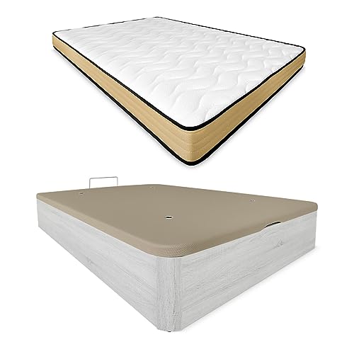Duérmete Online Pack Colchón Viscoelástico Aura Reversible + Canapé Madera Abatible Gran Capacidad, Gris Polar, 90 x 190