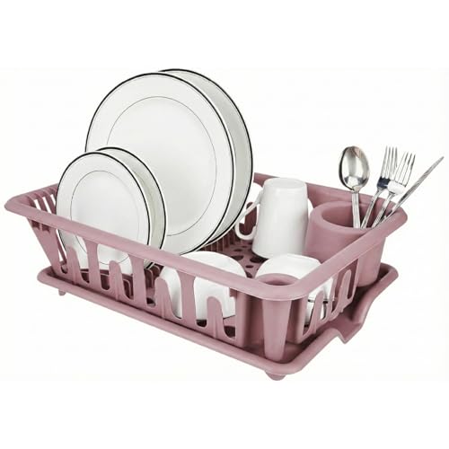 Image of Lifelong Plastic Dish Drying Rack with Drain Tray, Kitchen Dish Drainer with Cutlery Holder, Utensil Organizer for Plates, Bowls & Cups (Pink)