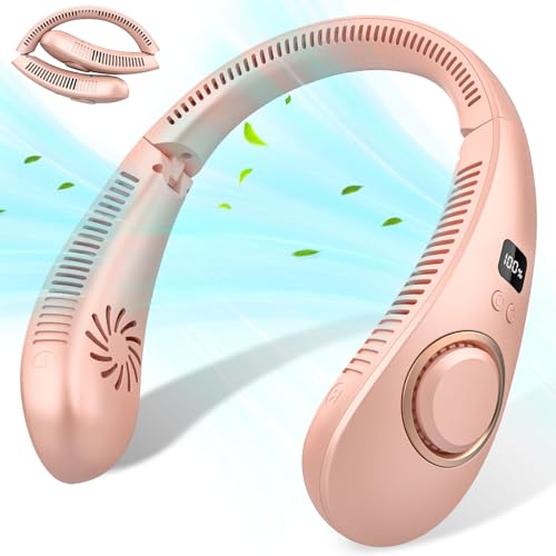 Kouric Ventilador de Cuello Inalambrico Plegable,Ventilador Portatil Cuello Viento Arriba y Abajo 4 Velocidades,Neck Fan USB Recargable-Rosa