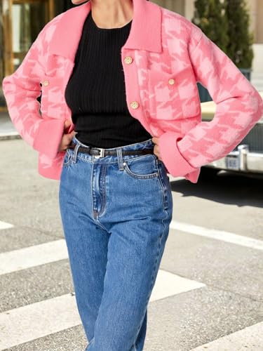 Women’s Plaid Cropped Cardigan Sweater Long Sleeve Knit Jacket with Lapel Collar Button Down Casual Coat3