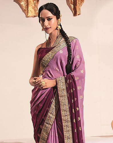 Image of SIRIL Women's Lace & Foil Printed Georgette Saree with Unstitched Blouse Piece(2826S480 Pink, Purple)