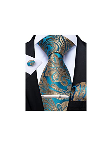 Image of DiBanGu Paisley Ties for Men Silk Necktie and Pocket Square Cufflinks Tie Clip Set Woven Classic Mens Tie for Wedding Party, Teal Blue