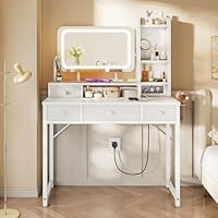 ODK Dressing Table with Adjustable LED Mirror, Vanity Desk with 4 Fabric Drawers, Vanity Table with Built-in USB Outlet, White makeup desk 100×40×140cm