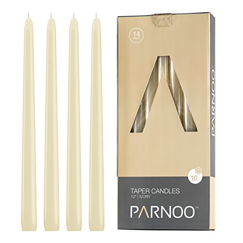 Light In The Dark Ivory Taper Candles - Set of 14 Dripless Candles - 12 inch Tall, 3/4 inch Thick - 10 Hour Clean Burning