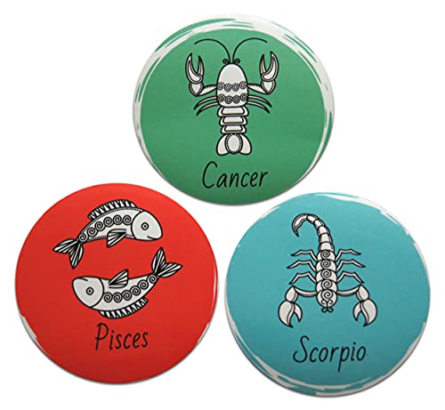 Novel Merk Water Signs Astrology Cancer, Scorpio, Pisces Zodiac Refrigerator Magnets - Vinyl 3inch Round Flat Magnet for Fridge, Lockers, & Favors to Metal Surfaces (3 Pack) Red, Blue, Green 3 Inch Novel Merk Water Signs Astrology Cancer, Scorpio, Pisces Zodiac Refrigerator Magnets - Vinyl 3inch Round Flat Magnet for Fridge, Lockers, & Favors to Metal Surfaces (3 Pack) Red, Blue, Green 3 Inch