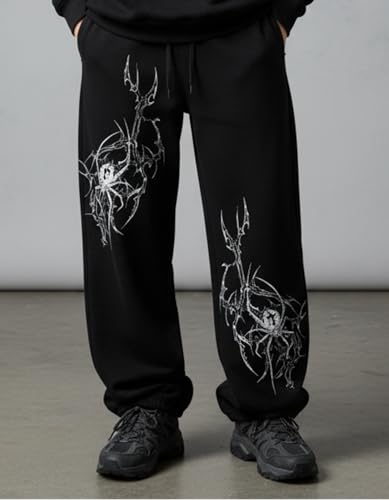 Image of Aesthetic Gothic Wide Leg Pants for Men | Tribal Print Baggy Streetwear | Oversized Track Pants with Elastic Waist | Black and White Relaxed Fit Bottoms