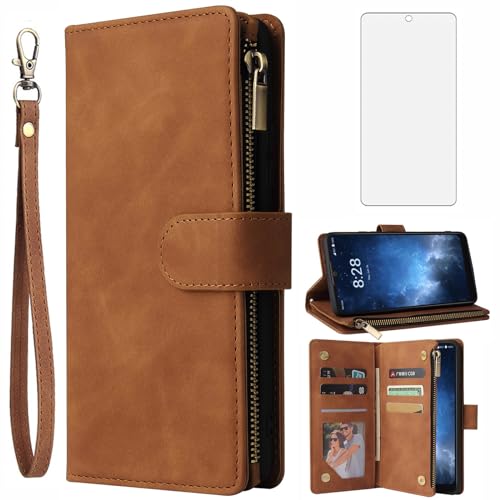 Asuwish Compatible with Sharp Rouvo V Wallet Case Tempered Glass Screen Protector and Leather Flip Cover Card Holder Stand Cell Accessories Folio Purse Credit ID Phone Cases for RouvoV Women Men Brown