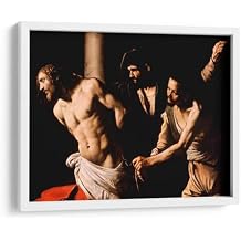 Canvas Lab | Christ at the Column by Caravaggio | 23 x 17 in | طباعة مؤطرة للفنون الجميلة، لون الإطار أبيض | الفن الكلاسيكي، الباروك، الدين والروحانية، مسيحي أو كاثوليكي