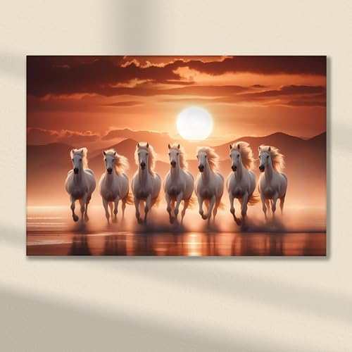 Image of PAINTINGMANTRA 7 White Running Horses Vastu Stretched Canvas Painting for Living Room, Seven Running Horses Canvas Wall Art Painting For Bed Room, Home & Office, 16x22 Inch