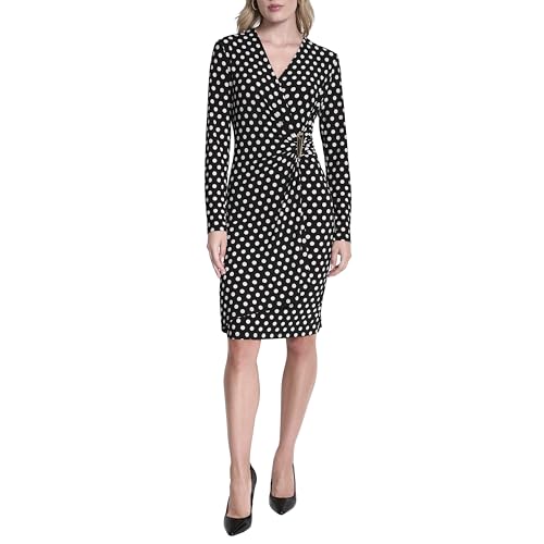 DKNY Women's Long Sleeve Surplice Neck Sheath Dress, Black/Ivory Multi, 10 - image 2