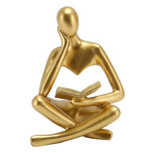 Jwthee Decorazione del pensatore del libro di lettura, Statua del pensatore in resina moderna Scultura di arte astratta Scultura del pensatore seduto e di lettura Ornamento per mensole (Gold)