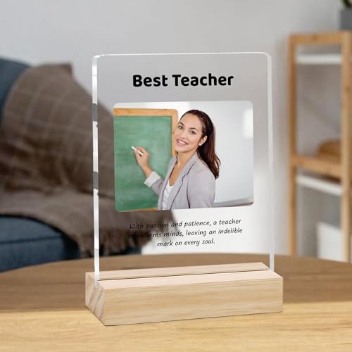 Image of Giftplease Best Teacher Plaque | Personalized Photo Frame with Wooden Stand | Appreciation Gift for Teachers | Teacher's Day Retirement Farewell Gift (Custom Photo & Text CTH 07