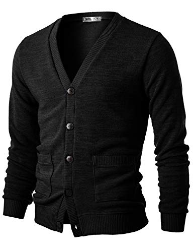 OHOO Mens Slim Fit Ribbed Knit Cardigan with Pockets/DCC023-BLACK-L
