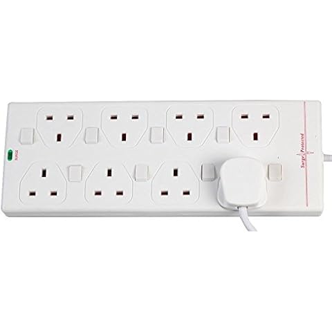 Ex-Pro 8 Gang Way 1m Metre 13A Mains Surge Protected Individually Switched Power Extension Socket Lead Cable White Cover