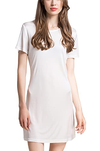 Grenasasilk Women's Silk Nightgown Short Sleeve Pure Mulberry Silk Sleepshirt Scoop Neck Nightshirt Sleepwear White Medium