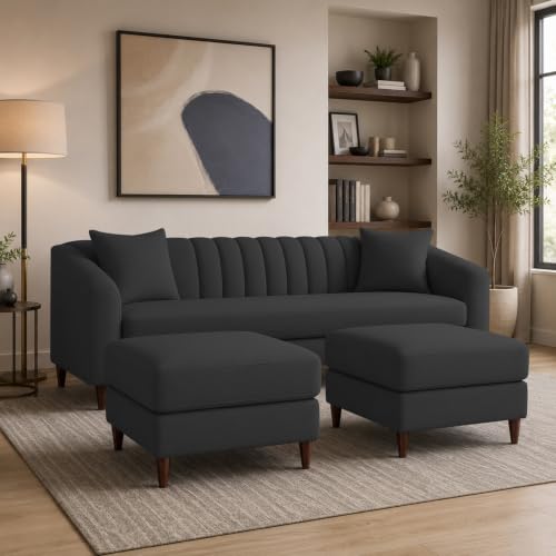 Image of Doraldo 3 Seater Sofa Set with 2 Ottoman for Living Room (Black) Premium Fabric Sofa