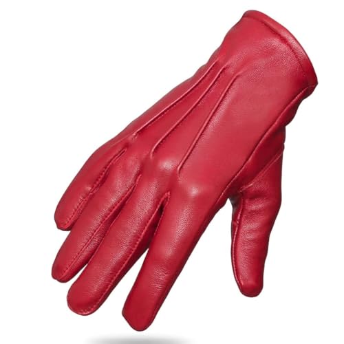 FASHIONLUXE Mens Genuine Leather Dress Gloves Soft Leather Gloves for Formal Wear Driving & Winter Use Mens Hand Gloves (Red Small)