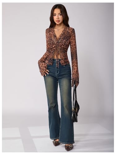 Image of RoseSeek Women's Y2k Leopard Mesh V Neck Tie Front Bell Sleeve T Shirt Tops