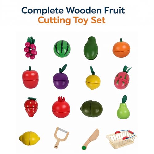 Image of Wooden Fruits Cutting Toys for Kids, Pretend Play Toy Set for Boys and Girls, Wooden Food Basket with Knife & Peeler, Educational Montessori Toy Gift for 3+ Years