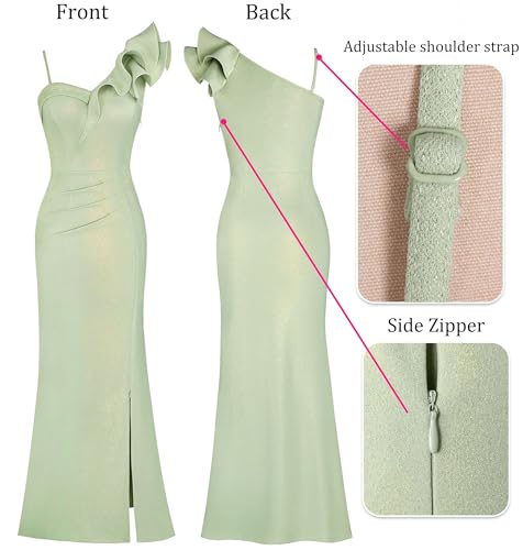 Image of VFSHOW Womens Ruffle One Shoulder Strap Ruched Formal Prom Wedding Maxi Dress V Neck Elegant Split Cocktail Evening Long Gown