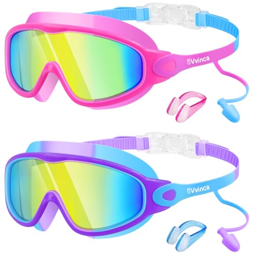 Vvinca Swim Goggles, Kids Goggles with Earplugs& Nose Clip Wide View Anti-Fog/UV Swimming Goggles for Age 3-15 Boys Girls