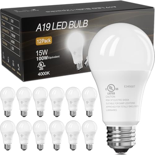 Image of TJOY 12 Pack LED Light Bulbs, 100 Watt Equivalent A19, Cool White 4000K | 15W 1500 Lumens Neutral White Lightbulbs, Non Dimmable Energy Saving Lamp for Home Bedroom Kitchen Indoor