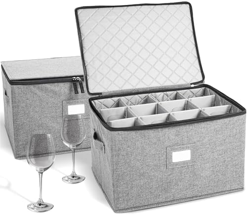 storageLAB Wine Glass Storage Containers, Hard Shell Organizer for Stemware and Glassware Sets, Stackable Wine Glass Storage Box with Dividers for Kitchen and Moving Supplies - 2 Pack Set, Gray