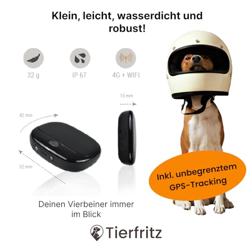 Tierfritz GPS Tracker für Hunde – Hunde GPS Tracker mit Live-Tracking, Weglaufalarm, Aktivitäts- & Schlaftracking, weltweit, wasserdicht – GPS Tracker Hund (ABO separat über App)