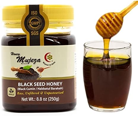 Mujeza Black Seed Honey - (Black cumin - nigella seeds) - Not Mixed with Oil or Powder - Gluten Free - Non GMO - Organic Honey - Immune Booster - 100% Natural Raw Honey 250g / 8.8oz عسل حبة البركة