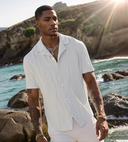 UOUA Men's Summer Button Down Shirts Short Sleeve Textured Beach Shirt Casual Hawaiian Vacation Tops3