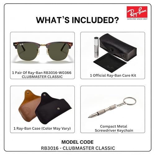 Image of Ray-Ban RB3016 CLUBMASTER CLASSIC Square Shaped Sunglasses for Men & Women with Official RAYBAN Eyewear Kit