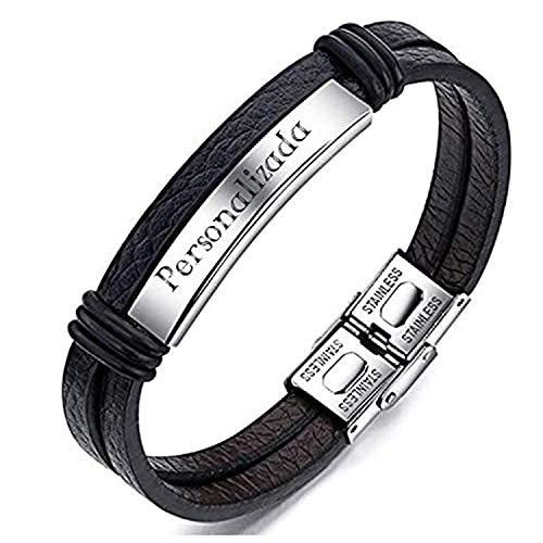 Pulseras Personalizadas Para Hombre y Mujer - Grabado en Diamante Pulseras Personalizables de Acero Inoxidable y Cuero Regalo Nombre (SILVER) Cover