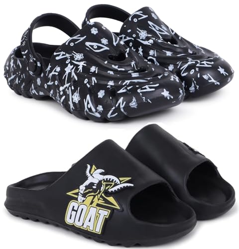 Image of Pampy Angel Combo Pack of 2 Slipper /Flip Flops /Slides /Clogs /Sandals with Adjustable Back Strap for Men (Cl-N11,Y-to-Goat)