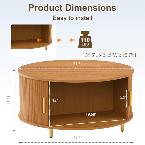 Image of DHH Round Coffee Table, 31.5 inch Mid Century Modern Coffee Table with 360 Sliding Tambour Door, Fluted Accent Coffee Table with Storage,Adjustable Footpads for Living Room, Yellow Walnut