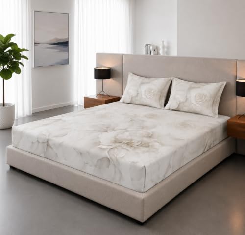 Image of Cotton Feel Glace Cotton Elastic Fitted Bedsheet Queen Size || Includes 1 Double Bed Elastic Bedsheet Queen Size with 2 Pillow Covers (60 inch x 78 inch Inches, Mirage)