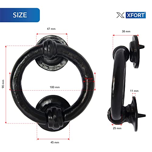 XFORT Smithy’s Schwarzer Türklopfer mit antikem Ring, traditioneller Türklopfer mit schwarzem Ring für die Haustür, rustikaler Türklopfer aus schwarzem Eisen