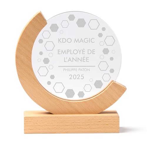 KDO MAGIC - Trophée Personnalisable - Coffret Cadeau Inclus - Trophée Verre personnalisé - Texte, prénom ou Date gravé - Rond Bois - Anniversaire, Employé du Mois,...