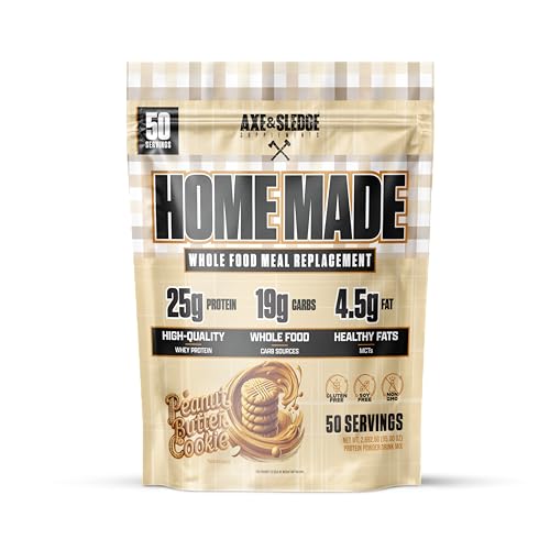 Axe &amp; Sledge Home Made Whole-Foods-Based Meal Replacement Powder | 48g Protein | Digestive Enzymes &amp; Fiber, Non-GMO | Premium Ingredients | Protein Powder for Bulking | 25 Servings, PB Cookie
