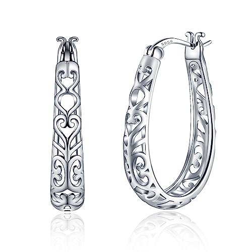 925 Sterling Silver Vintage Filigree Hoop Earrings Lightweight Oval Hoop Earrings for Women Hypoallergenic Earrings