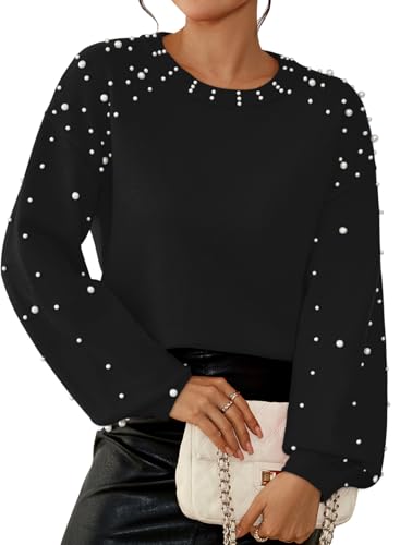 Pink Queen Pearl Sweater for Women Long Lantern Sleeve Drop Shoulder Crewneck Sweatshirt Knit Shift Loose Fit Chunky Pullover Sweaters with Pearls Black M
