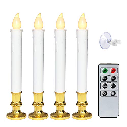 Image of Wondise White Flameless Window Candles with Remote and Timer, Battery Operated Flameless Flickering Window Candles with Gold Holders and Suction Cups Christmas Window Decoration(9 inch, Set of 4)