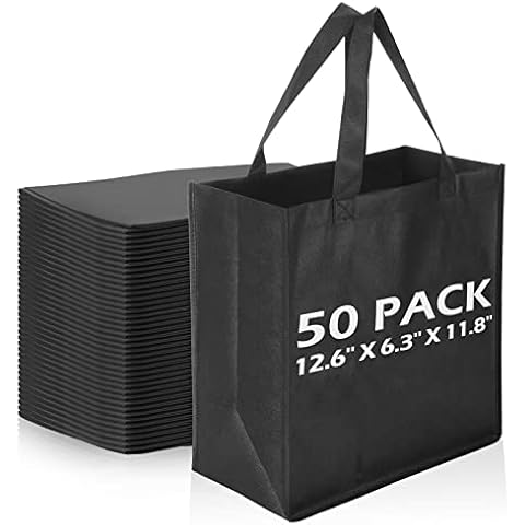50 Pieces Reusable Totes Bag Bulk, Shopping Bags Non Woven Grocery Bag with Handles Foldable for Parties Boutiques Retail, Black, L Cover