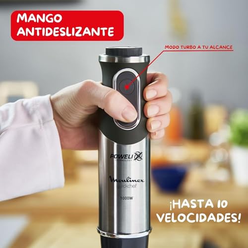 Miniatura 3 de Moulinex QuickChef, Batidora de Mano de 1000 W, 10 velocidades variables y función turbo, Protector antisalpicaduras, Incluye picador de 500 ml y vaso medidor de 800 ml, Negra, DD6578