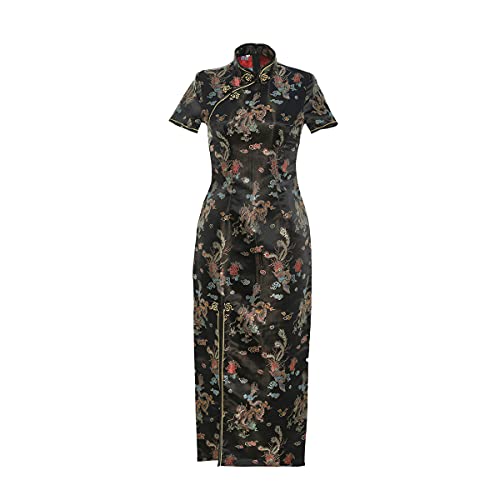 Amazon.com: Shanghai Story Short Sleeve Long Qipao Brocade Chinese  Traditional Cheongsam Dress for Womens Dragon Phoenix Embroidery Black Size  S : Clothing, Shoes & Jewelry