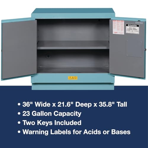Image of Justrite Acid Corrosive Storage Cabinet - 23 Gallon 2 Door Manual Close Chemical Storage Cabinet with ChemCor Coating - 22 inch x 36 inch x 36 inch - Made in The USA - Light Blue - 8837022